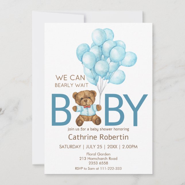 Boy teddy bear balloons baby shower Invitation (Front)