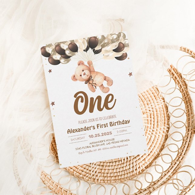 Boy Teddy Bear Birthday Invitation with Balloons (Creator Uploaded)