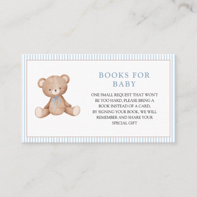 Boy Teddy Bear Blue Baby Shower Book Request Enclosure Card (Front)