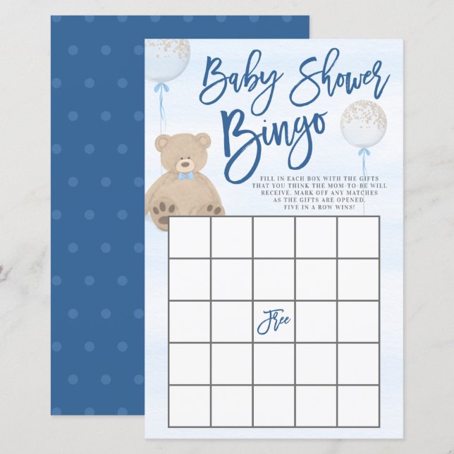 Boy Teddy Bear Blue Balloon Baby Shower Bingo (Front/Back)