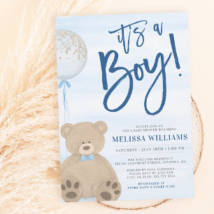 Boy Teddy Bear Blue Balloon Baby Shower Invitation