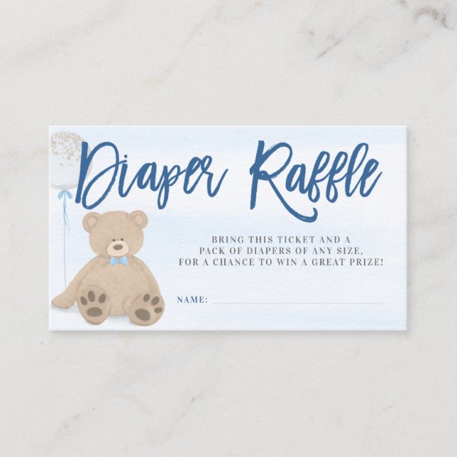 Boy Teddy Bear Blue Balloon Diaper Raffle Ticket Enclosure Card (Front)
