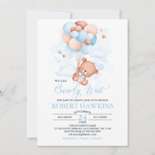 Boy Teddy Bear Blue Balloons Baby Shower Invitation