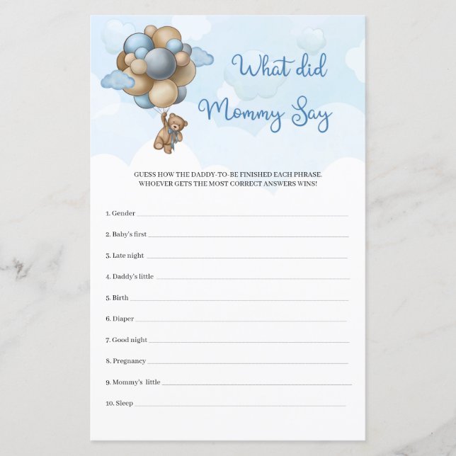 Boy Teddy bear blue balloons What Did Mommy Say (Front)