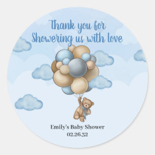 Boy Teddy bear blue brown beige balloons Classic R Round Sticker
