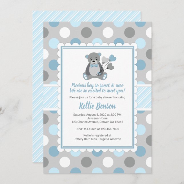 Boy teddy bear blue grey baby shower invitation (Front/Back)