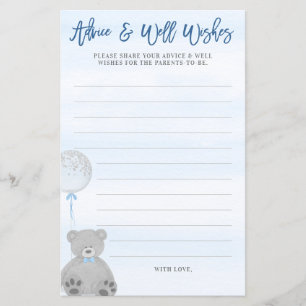 Boy Teddy Bear Blue Grey Balloon Baby Advice Card