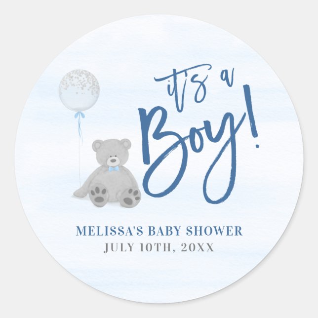 Boy Teddy Bear Blue Grey Balloon Baby Shower Classic Round Sticker (Front)