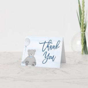Boy Teddy Bear Blue Grey Balloon Baby Shower Thank You Card