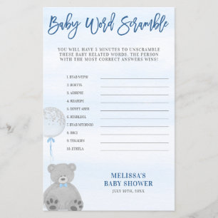 Boy Teddy Bear Blue Grey Balloon Word Scramble