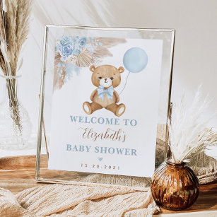 Boy Teddy Bear Boho Blue Floral Pampas Welcome Poster