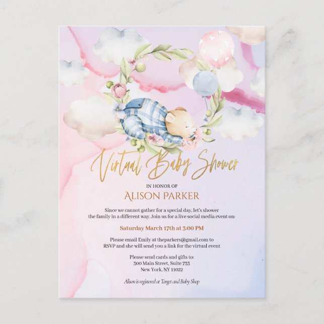 Boy Teddy Bear Cute Virtual Baby shower Invitation (Devant)