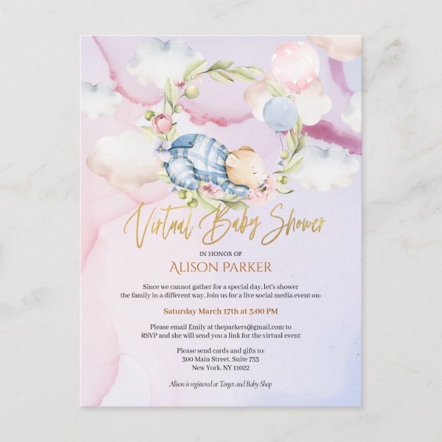 Boy Teddy Bear Cute Virtual Baby Shower Invitation Postcard (Front)