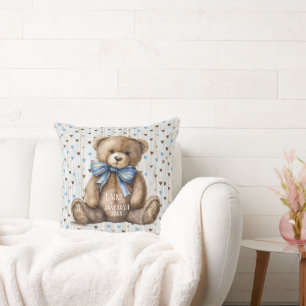 Boy Teddy Bear On Blue Brown Hearts Throw Pillow