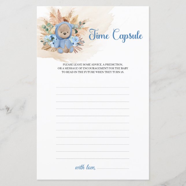 Boy teddy bear pampas blue flowers Time Capsule (Front)
