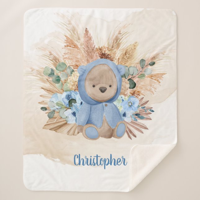 Boy teddy bear pampas grass dried palm tropical sh sherpa blanket (Front)