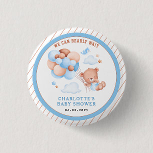 Boy Teddy Bear “We Can Bearly Wait” Baby Shower 1 Inch Round Button