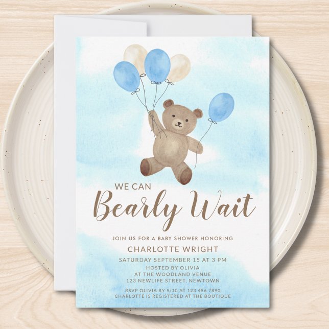 Boy Teddy Bear We Can Bearly Wait Baby Shower Invitation (Creator Uploaded)