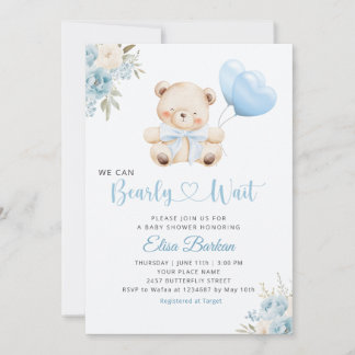 Boy Teddy Bear We Can Bearly Wait blue Baby Shower Invitation