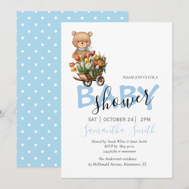 Boy Teddy Blue Rustic Floral Baby Announcement (Front/Back)