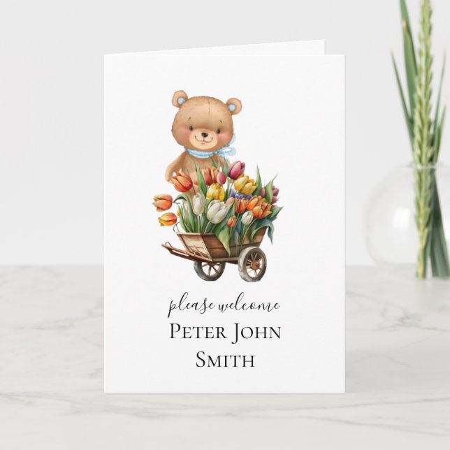 Boy Teddy Rustic Floral Card Announcement (Front)