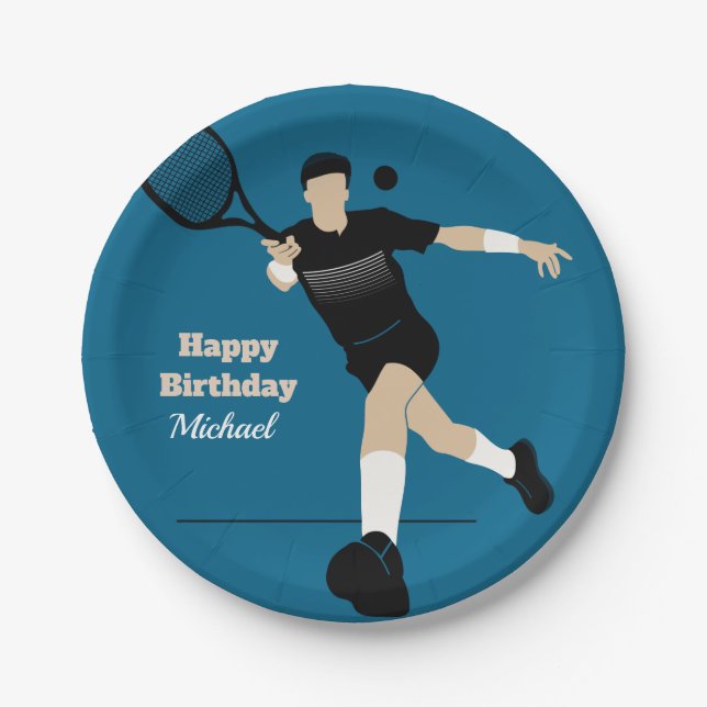 Boy Tennis Birthday Party Player & Kids Name Sport Paper Plate (Front)
