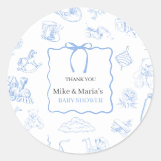 Boy Toile De Jouy Blue Baby Shower Classic Round Sticker
