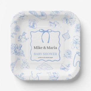 Boy Toile De Jouy Blue Baby Shower Paper Plate