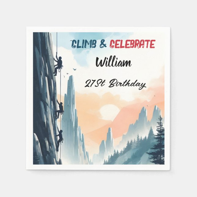 Boy Tree Fun Cliff Rock Climbing 21st Birthday Napkin (Front)