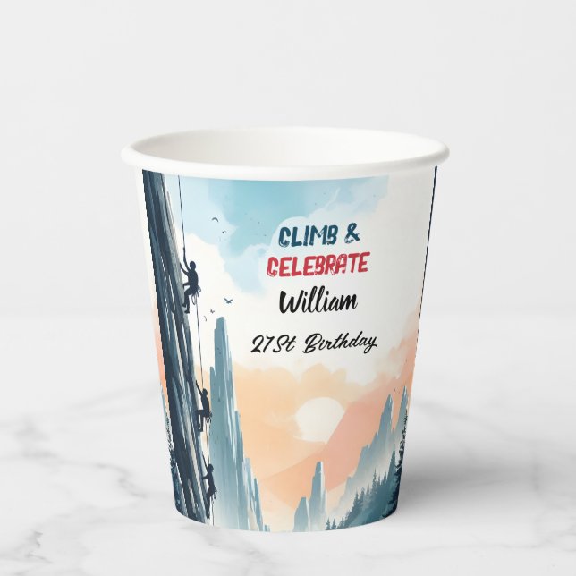Boy Tree Fun Cliff Rock Climbing 21st Birthday Paper Cups (Front)