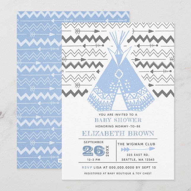 Boy Tribal TeePee Baby Shower Invitations (Front/Back)