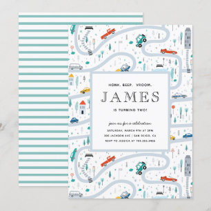 Boy Trucks And Cars City Second Birthday Party Invitation