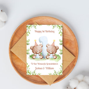 Boy Twins 1st Birthday Greenery Teddy Bear Card