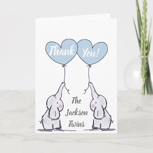 Boy Twins Baby Elephant Thank You Card (Front)