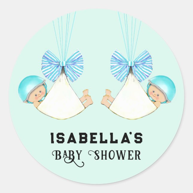 Boy Twins Baby Shower Classic Round Sticker (Front)