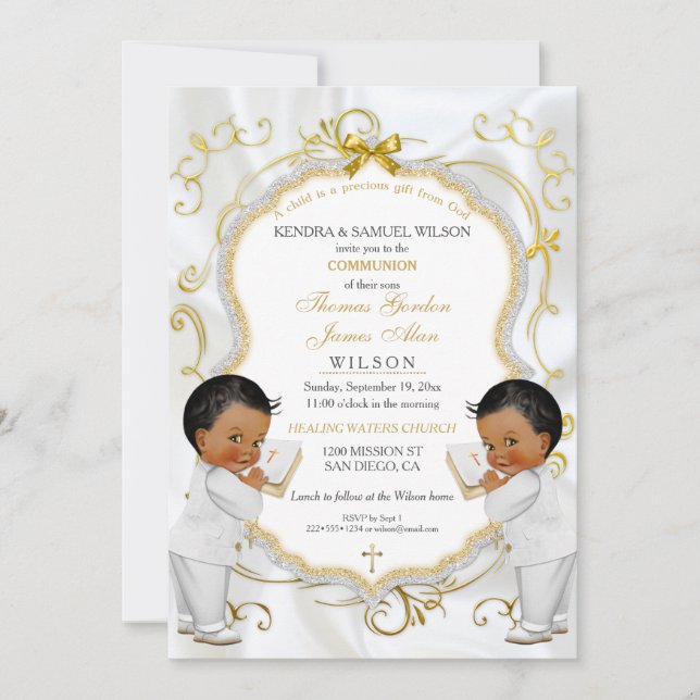 Boy Twins Baptism Christening Communion Ethnic Invitation (Front)
