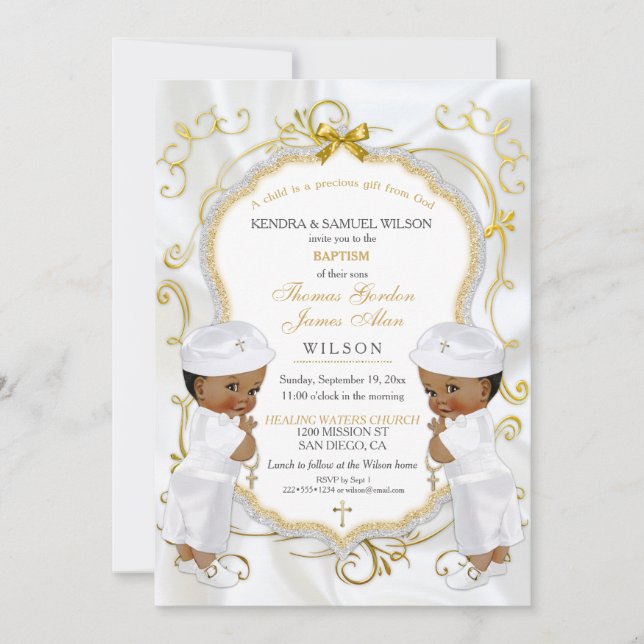 Boy Twins Baptism Christening Gold Cross Ethnic Invitation (Front)
