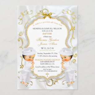 Boy Twins Baptism Christening Gold White Cross Inv Invitation