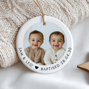Boy Twins Baptism Photo Keepsake Ceramic Ornament