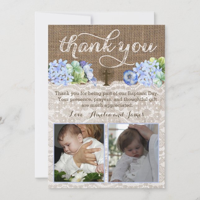 boy twins baptism thank you note with 2 photos card (Front)