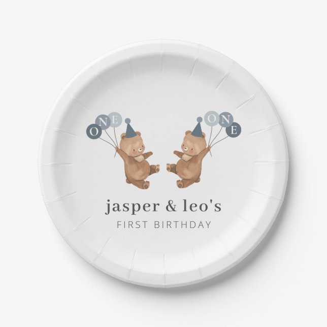 Boy Twins - Bears Party Hats - 1st Birthday Paper Plate (Front)
