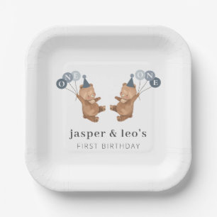 Boy Twins - Bears Party Hats - 1st Birthday Paper Plate