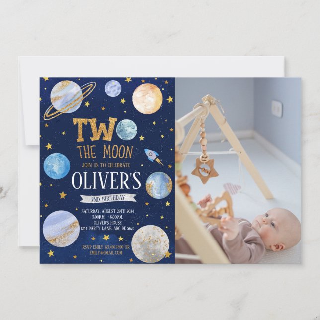 Boy Two The Moon Birthday Photo Invitation (Front)