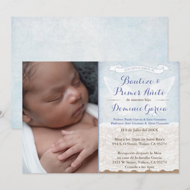Boy Vintage Bautizo Baptism Birthday, Spanish Invitation (Front/Back)
