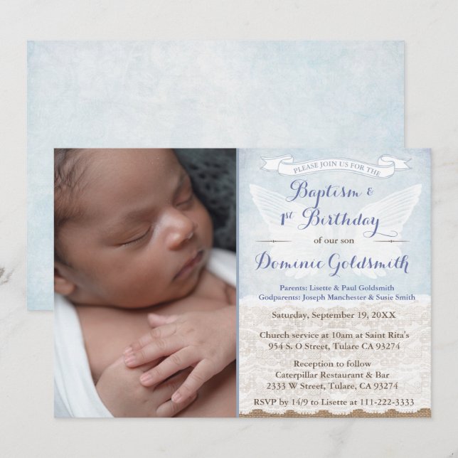 Boy Vintage Photo 1st Birthday Baptism Party Invitation (Front/Back)