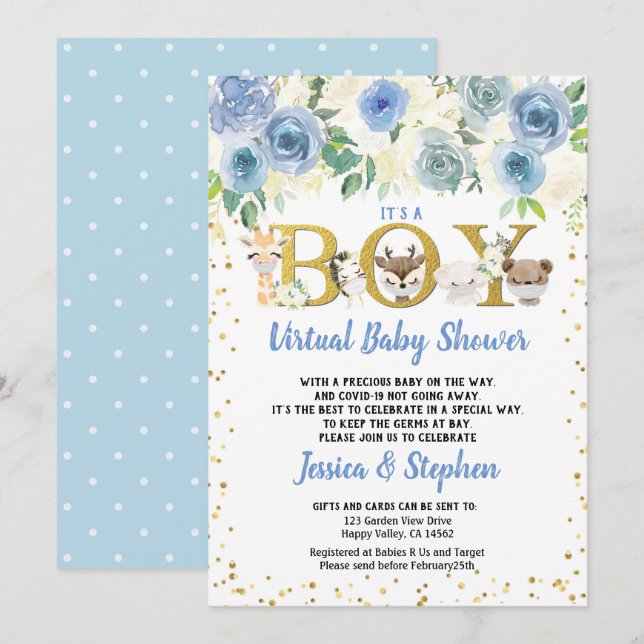 Boy Virtual Baby Shower Pandemic Woodland Animals Invitation (Front/Back)