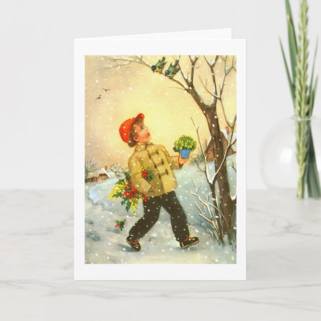 Boy walking in snow holiday card (Front)