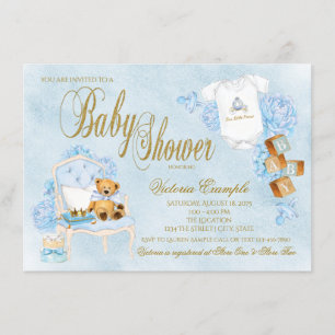 Boy Watercolor Baby Blue Gold Baby Shower Invitation