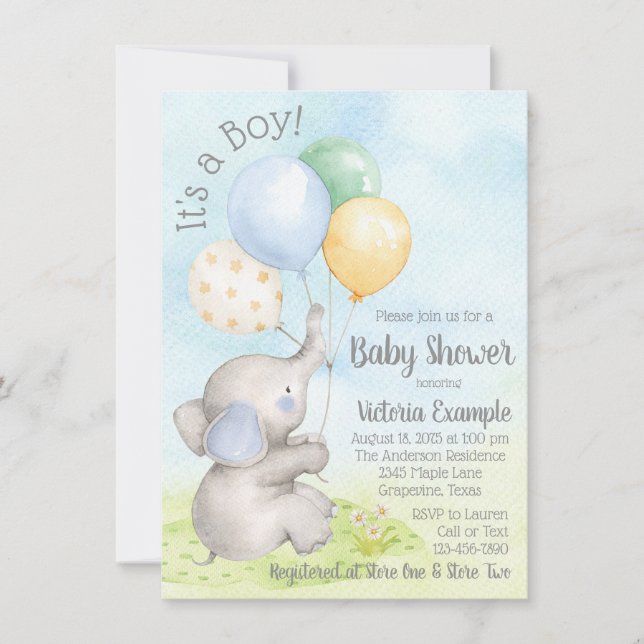 Boy Watercolor Elephant Baby Shower Invitations (Front)