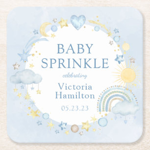 Boy Watercolor Rainbow Baby Sprinkle Square Paper Coaster